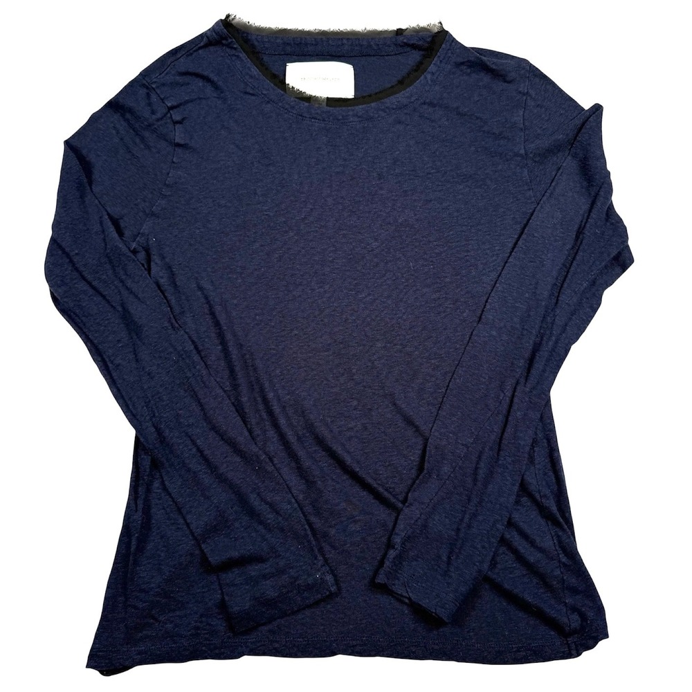 Brochu Walker Oliana Tee Long Sleeve Top Womens Large Navy Linen Blend Shirt